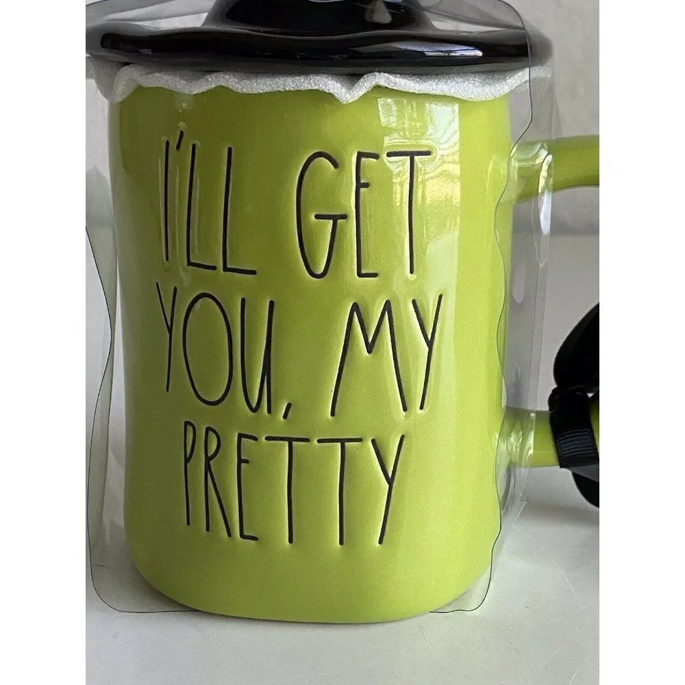 Rae Dunn Wizard of Oz Coffee Mug Green Wicked Witch Hat Topper Get You My Pretty